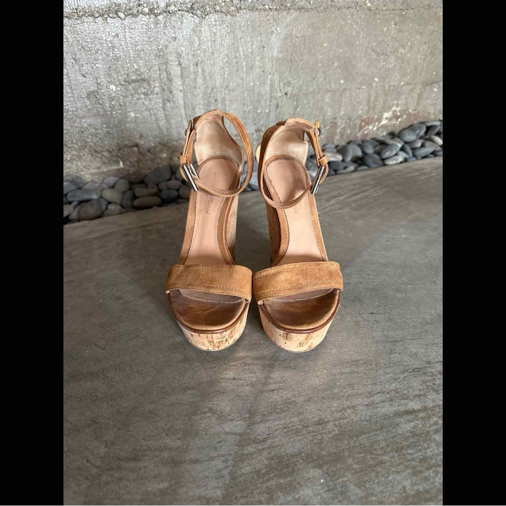 Gianvito Rossi camel colored suede platform wedge sandals